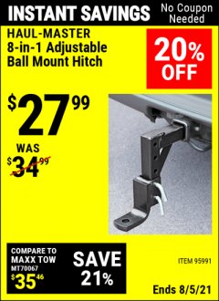 Harbor Freight Coupon HAUL-MASTER 8-IN-1 ADJUSTABLE BALL MOUNT HITCH Lot No. 95991 Expired: 8/5/21 - $27.99
