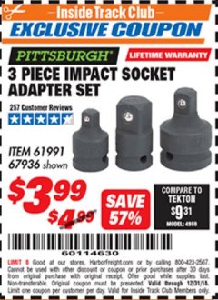 Harbor Freight ITC Coupon 3 Piece Impact Socket Adaptor Set Lot No. 61991 / 67936 Expired: 12/31/18 - $3.99