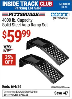 Harbor Freight Coupon PITTSBURGH 4000 LB. CAPACITY SOLID STEEL AUTO RAMP SET Lot No. 63250/63305 Valid: 12/31/69 - 6/4/26 - $59.99