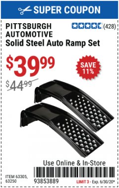 Harbor Freight Coupon 2 PIECE SOLID STEEL AUTO RAMP SET Lot No. 68365/63305/63250 Expired: 6/30/20 - $39.99