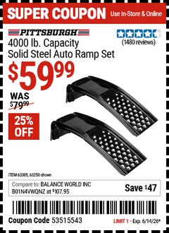 Harbor Freight Coupon PITTSBURGH 4000 LB. CAPACITY SOLID STEEL AUTO RAMP SET Lot No. 63250/63305 Expired: 6/14/26 - $59.99