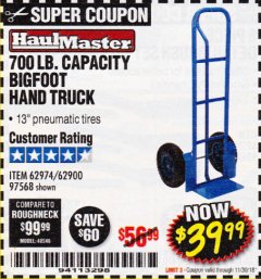 Harbor Freight Coupon BIGFOOT HAND TRUCK Lot No. 62974/62900/67568/97568 Expired: 11/30/18 - $39.99