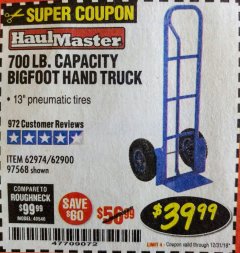 Harbor Freight Coupon BIGFOOT HAND TRUCK Lot No. 62974/62900/67568/97568 Expired: 12/31/18 - $39.99