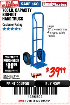 Harbor Freight Coupon BIGFOOT HAND TRUCK Lot No. 62974/62900/67568/97568 Expired: 1/31/19 - $39.99