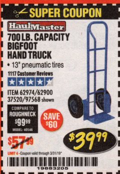 Harbor Freight Coupon BIGFOOT HAND TRUCK Lot No. 62974/62900/67568/97568 Expired: 3/31/19 - $39.99
