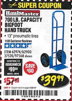 Harbor Freight Coupon BIGFOOT HAND TRUCK Lot No. 62974/62900/67568/97568 Expired: 4/30/19 - $39.99
