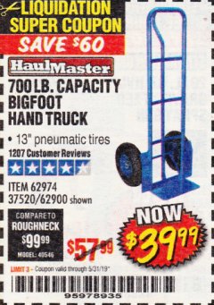 Harbor Freight Coupon BIGFOOT HAND TRUCK Lot No. 62974/62900/67568/97568 Expired: 5/31/19 - $39.99