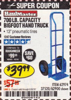 Harbor Freight Coupon BIGFOOT HAND TRUCK Lot No. 62974/62900/67568/97568 Expired: 6/30/19 - $39.99