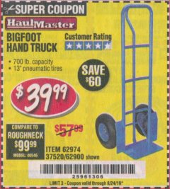 Harbor Freight Coupon BIGFOOT HAND TRUCK Lot No. 62974/62900/67568/97568 Expired: 8/24/19 - $39.99