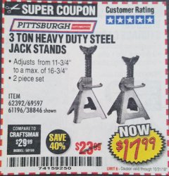 Harbor Freight Coupon 3 TON HEAVY DUTY STEEL JACK STANDS Lot No. 61196/62392/38846/69597 Expired: 10/31/18 - $17.99