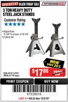 Harbor Freight Coupon 3 TON HEAVY DUTY STEEL JACK STANDS Lot No. 61196/62392/38846/69597 Expired: 12/2/18 - $17.86