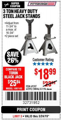 Harbor Freight Coupon 3 TON HEAVY DUTY STEEL JACK STANDS Lot No. 61196/62392/38846/69597 Expired: 3/24/19 - $18.99
