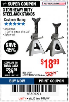 Harbor Freight Coupon 3 TON HEAVY DUTY STEEL JACK STANDS Lot No. 61196/62392/38846/69597 Expired: 9/29/19 - $18.99