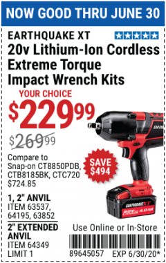 Harbor Freight Coupon EARTHQUAKE XT 1/2" COMPOSITE XTREME TORQUE AIR IMPACT WRENCH Lot No. 62891 Expired: 6/30/20 - $229.99