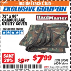 Harbor Freight ITC Coupon 72" x 80" CAMOUFLAGE UTILITY BLANKET Lot No. 69508, 66044 Expired: 1/31/20 - $7.99