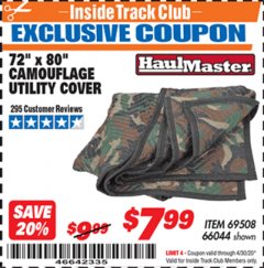 Harbor Freight ITC Coupon 72" x 80" CAMOUFLAGE UTILITY BLANKET Lot No. 69508, 66044 Expired: 4/30/20 - $7.99