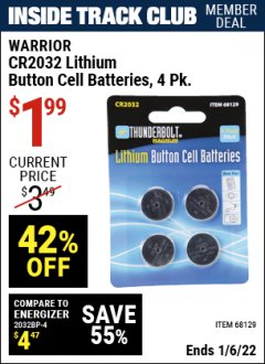 Harbor Freight ITC Coupon Lithium Button Cell Batteries Pack of 4 Lot No. 68129 Expired: 1/6/22 - $1.99
