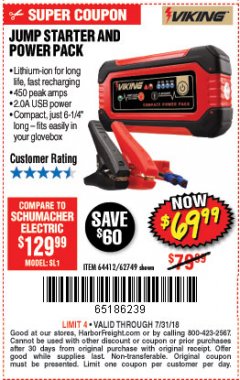Harbor Freight Coupon LITHIUM ION JUMP STARTER AND POWER PACK Lot No. 62749/64412/56797/56798 Expired: 7/31/18 - $69.99