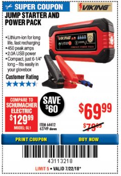 Harbor Freight Coupon LITHIUM ION JUMP STARTER AND POWER PACK Lot No. 62749/64412/56797/56798 Expired: 7/22/18 - $69.99
