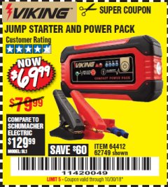 Harbor Freight Coupon LITHIUM ION JUMP STARTER AND POWER PACK Lot No. 62749/64412/56797/56798 Expired: 10/30/18 - $69.99