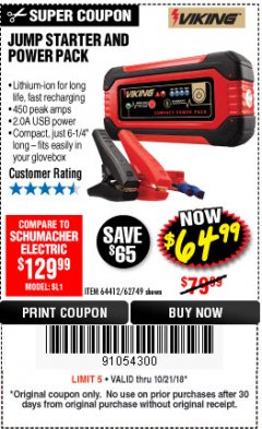 Harbor Freight Coupon LITHIUM ION JUMP STARTER AND POWER PACK Lot No. 62749/64412/56797/56798 Expired: 10/21/18 - $64.99