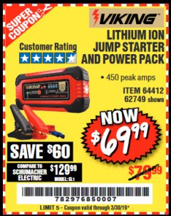 Harbor Freight Coupon LITHIUM ION JUMP STARTER AND POWER PACK Lot No. 62749/64412/56797/56798 Expired: 3/30/19 - $69.99