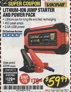 Harbor Freight Coupon LITHIUM ION JUMP STARTER AND POWER PACK Lot No. 62749/64412/56797/56798 Expired: 4/30/19 - $59.99