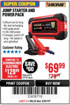 Harbor Freight Coupon LITHIUM ION JUMP STARTER AND POWER PACK Lot No. 62749/64412/56797/56798 Expired: 3/24/19 - $69.99