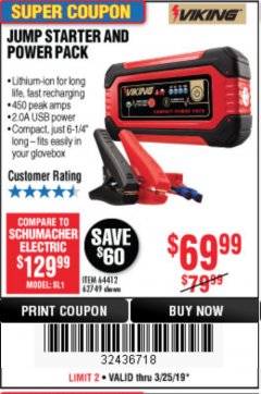 Harbor Freight Coupon LITHIUM ION JUMP STARTER AND POWER PACK Lot No. 62749/64412/56797/56798 Expired: 3/25/19 - $69.99