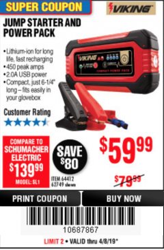 Harbor Freight Coupon LITHIUM ION JUMP STARTER AND POWER PACK Lot No. 62749/64412/56797/56798 Expired: 4/8/19 - $59.99