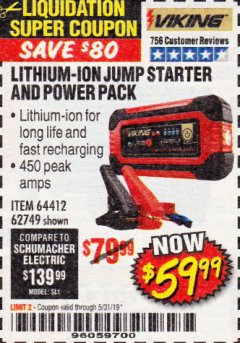 Harbor Freight Coupon LITHIUM ION JUMP STARTER AND POWER PACK Lot No. 62749/64412/56797/56798 Expired: 5/31/19 - $59.99