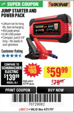 Harbor Freight Coupon LITHIUM ION JUMP STARTER AND POWER PACK Lot No. 62749/64412/56797/56798 Expired: 4/21/19 - $59.99