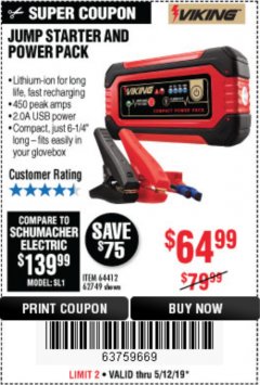 Harbor Freight Coupon LITHIUM ION JUMP STARTER AND POWER PACK Lot No. 62749/64412/56797/56798 Expired: 5/12/19 - $64.99