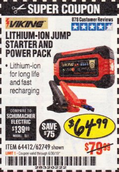 Harbor Freight Coupon LITHIUM ION JUMP STARTER AND POWER PACK Lot No. 62749/64412/56797/56798 Expired: 6/30/19 - $64.99