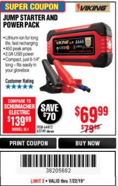 Harbor Freight Coupon LITHIUM ION JUMP STARTER AND POWER PACK Lot No. 62749/64412/56797/56798 Expired: 7/22/19 - $69.99