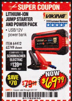 Harbor Freight Coupon LITHIUM ION JUMP STARTER AND POWER PACK Lot No. 62749/64412/56797/56798 Expired: 8/31/19 - $69.99