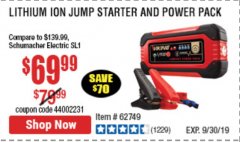 Harbor Freight Coupon LITHIUM ION JUMP STARTER AND POWER PACK Lot No. 62749/64412/56797/56798 Expired: 9/30/19 - $69.99