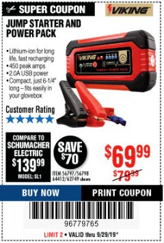 Harbor Freight Coupon LITHIUM ION JUMP STARTER AND POWER PACK Lot No. 62749/64412/56797/56798 Expired: 9/29/19 - $69.99