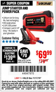 Harbor Freight Coupon LITHIUM ION JUMP STARTER AND POWER PACK Lot No. 62749/64412/56797/56798 Expired: 11/17/19 - $69.99