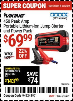 Harbor Freight Coupon LITHIUM ION JUMP STARTER AND POWER PACK Lot No. 62749/64412/56797/56798 Expired: 4/13/23 - $69.99