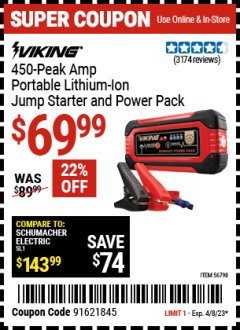 Harbor Freight Coupon LITHIUM ION JUMP STARTER AND POWER PACK Lot No. 62749/64412/56797/56798 Expired: 4/8/23 - $69.99