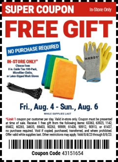 Harbor Freight FREE Coupon HARDY LATEX COATED WORK GLOVES Lot No. 90909/61436/90912/61435/90913/61437 Expired: 8/6/23 - NPR