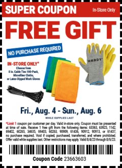 Harbor Freight FREE Coupon HARDY LATEX COATED WORK GLOVES Lot No. 90909/61436/90912/61435/90913/61437 Expired: 8/6/23 - NPR