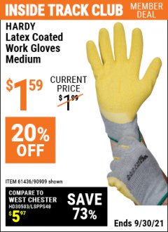 Harbor Freight ITC Coupon HARDY LATEX COATED WORK GLOVES Lot No. 90909/61436/90912/61435/90913/61437 Expired: 9/30/21 - $1.59