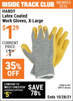 Harbor Freight ITC Coupon HARDY LATEX COATED WORK GLOVES Lot No. 90909/61436/90912/61435/90913/61437 Expired: 10/28/21 - $1.29