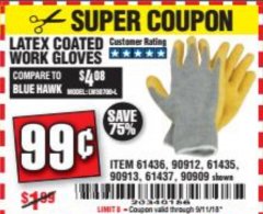 Harbor Freight Coupon HARDY LATEX COATED WORK GLOVES Lot No. 90909/61436/90912/61435/90913/61437 Expired: 9/11/18 - $0.99
