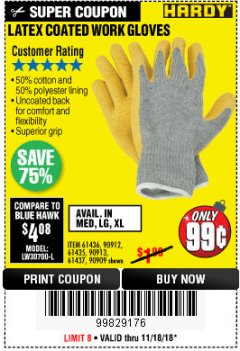 Harbor Freight Coupon HARDY LATEX COATED WORK GLOVES Lot No. 90909/61436/90912/61435/90913/61437 Expired: 11/18/18 - $0.99