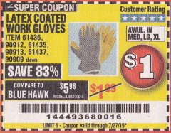 Harbor Freight Coupon HARDY LATEX COATED WORK GLOVES Lot No. 90909/61436/90912/61435/90913/61437 Expired: 7/27/19 - $1