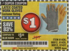 Harbor Freight Coupon HARDY LATEX COATED WORK GLOVES Lot No. 90909/61436/90912/61435/90913/61437 Expired: 9/19/19 - $1