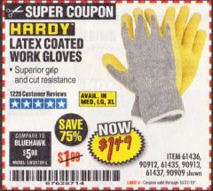 Harbor Freight Coupon HARDY LATEX COATED WORK GLOVES Lot No. 90909/61436/90912/61435/90913/61437 Expired: 10/31/19 - $1.49